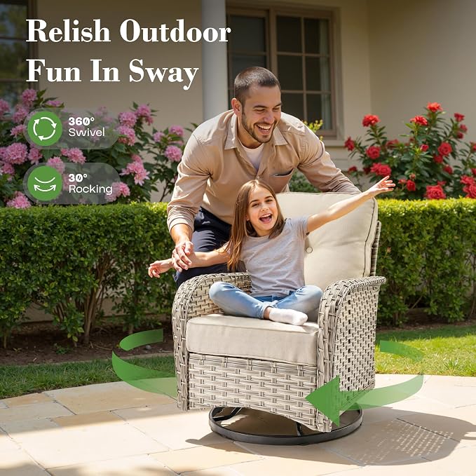 10 Piece Outdoor Patio Furniture with Swivel Rocking Chair, Rattan Wicker Conversation Set with Glowing Coffee Table, Sectional Single Chairs for Porch Balcony Backyard Pool,Beige