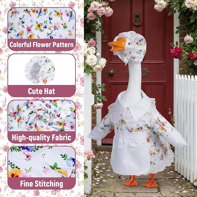 Spring Porch Goose Outfit Flower Porch Goose Clothes for 23 Inch Lawn Cement or Plastic Geese Statue Geese Skirt Costume with Hat Dress for Spring Outdoor Patio Yard Garden Holiday Decoration