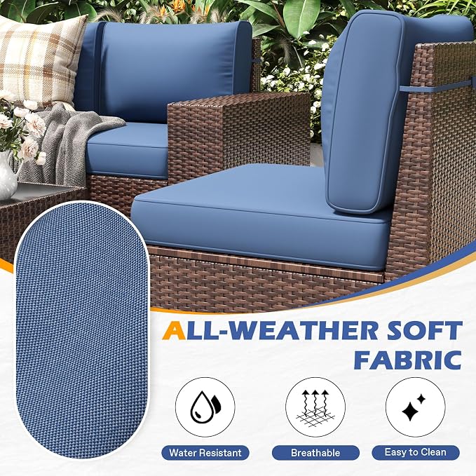 6 Pieces Outdoor Patio Furniture Set with Table Brown Rattan Sectional Sofa Conversation Sets for Balcony Lawn and Garden (Navy Blue, 6 pcs w/Table)