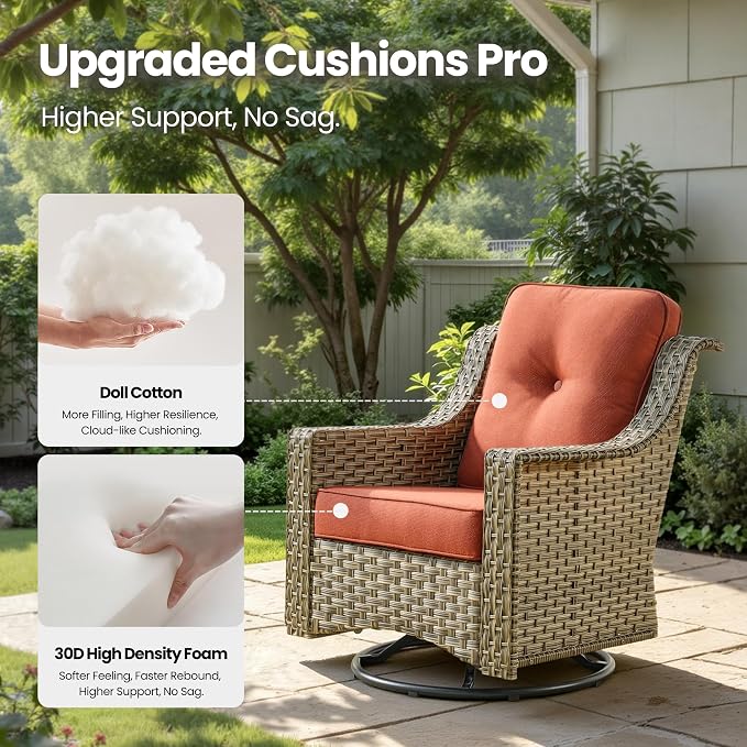 6 Piece Patio Furniture Set with Fire Pit Table, Conversation Sets with High Back Swivel Rocker Chairs, Outdoor Wicker Sofa Loveseat with Comfy Cushion for Backyard Deck Garden, Bold Orange