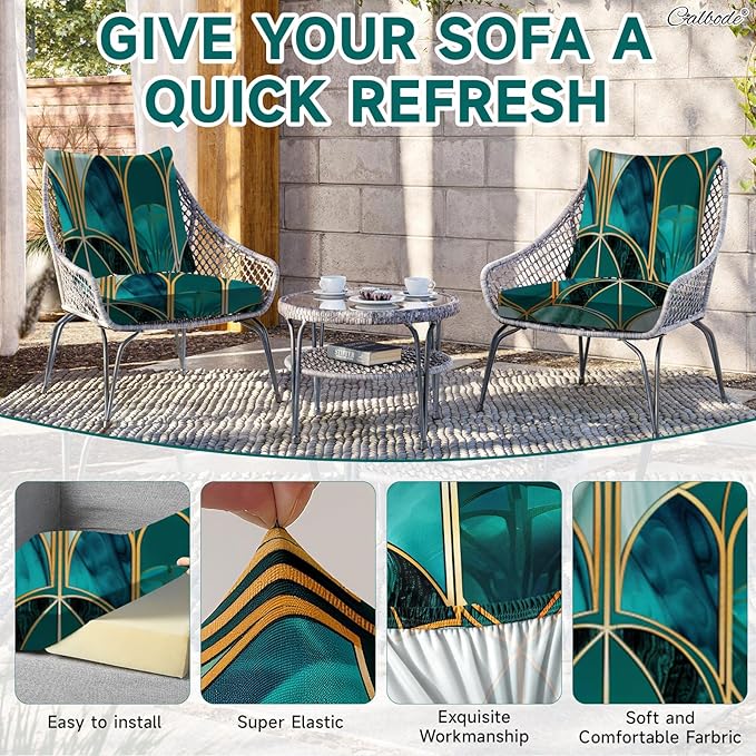 CALBODE 14Pcs Stretch Patio Cushion Cover, Art Deco Geometric Pattern Couch & Sofa Slipcovers for Patio Furniture Cushions Washable Reusable Couch Covers Replacement for All Season(Green, Cover Only)