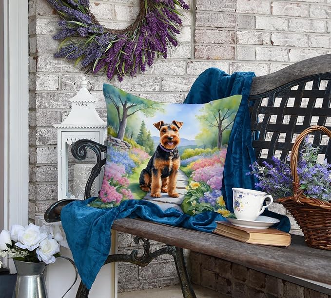 Caroline's Treasures Welsh Terrier Spring Path Throw Pillow Machine Washable, Indoor Outdoor Decorative Pillow for Couch, Bed or Patio, 18Hx18W