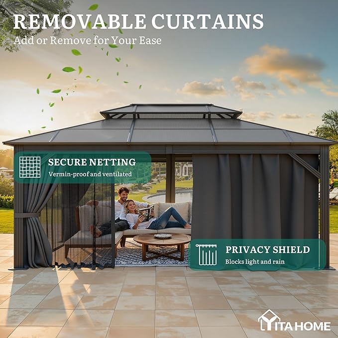 YITAHOME 12x16FT Polycarbonate Gazebo Double Roof Canopy Outdoor with Netting and Shaded Curtains, Aluminum Frame Polycarbonate Hardtop Garden Tent for Patio, Backyard, Deck and Lawns, Grey