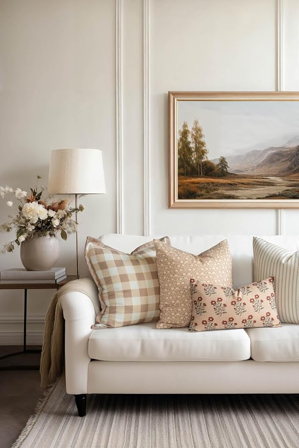 Modern Farmhouse California Casual Indoor Outdoor Lumbar Pillow Cover, 12"x20" Water Repellent for Patio, Backyard, Couch, Poolside, Rust Orange Green Print Block Painting Flowers