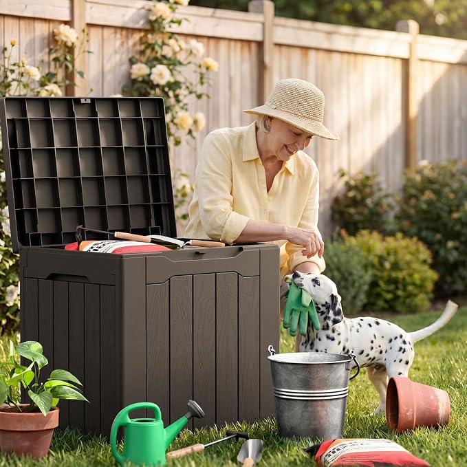 JUMMICO 31 Gallon Resin Deck Box Waterproof Indoor Outdoor Storage Boxes for Patio Furniture Cushions and Garden Tools (Brown)