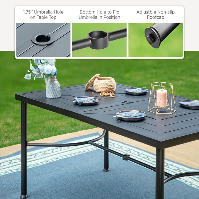 PHI VILLA Outdoor Dining Set for 6, All-Weather Patio Table and Chairs Set with Umbrella for 6, Heavy Duty Rectangle Patio Table Set for Deck, 6 Extra Large Outdoor Swivel Chairs with Thick Cushions