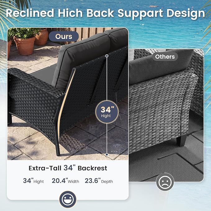 UDPATIO Patio Furniture Set with 44" Fire Pit Table, High Back 4 Swivel Rocker Chairs, Wicker Outdoor Conversation Sets with Thick Cushions & Ottoman, for Garden, Porch