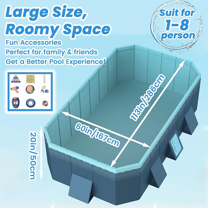 Foldable Non-Inflatable Above Ground Framed Swimming Pool for Backyard, Family Pool (113" x 66" x 20")