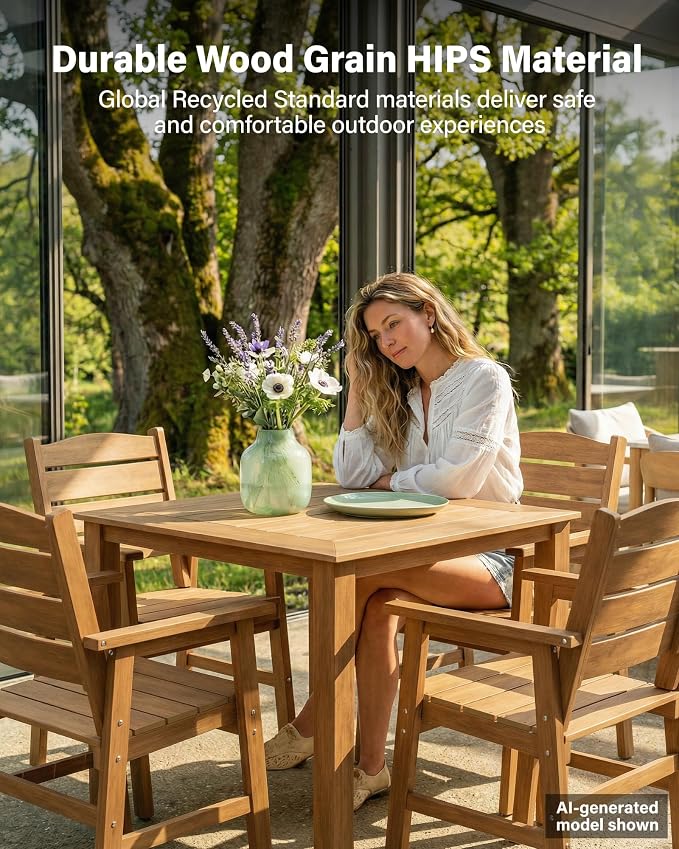 YEFU Patio Dining Chairs Set of 2： Modern All Weather Outdoor Dining Chairs - HIPS Plastic Patio Outdoor Chairs Waterproof Easy-Clean - Patio Furniture for Poolside Garden Yard(Teak)