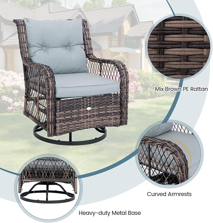 HAPPYGRILL 3 Pieces Outdoor Swivel Rocking Bistro Set with Side Table and Soft Cushions, PE Rattan Patio Furniture Set Glider Rocker Chair Set for Porch, Backyard, Garden and Poolside