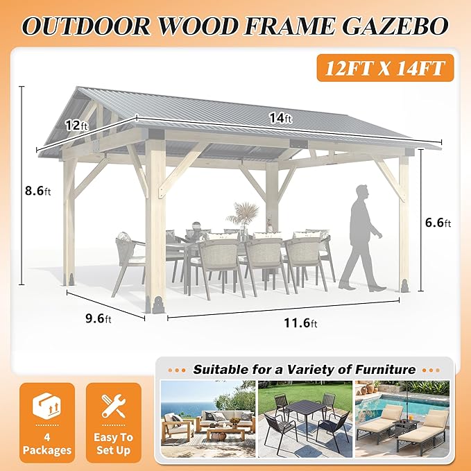 COVERONICS 12’x14’ Outdoor Wood Gazebo - Hardtop Patio Gazebos with Galvanized Steel Roof, Cedar Wooden Gazebo for Garden, Porch, Patio and Deck