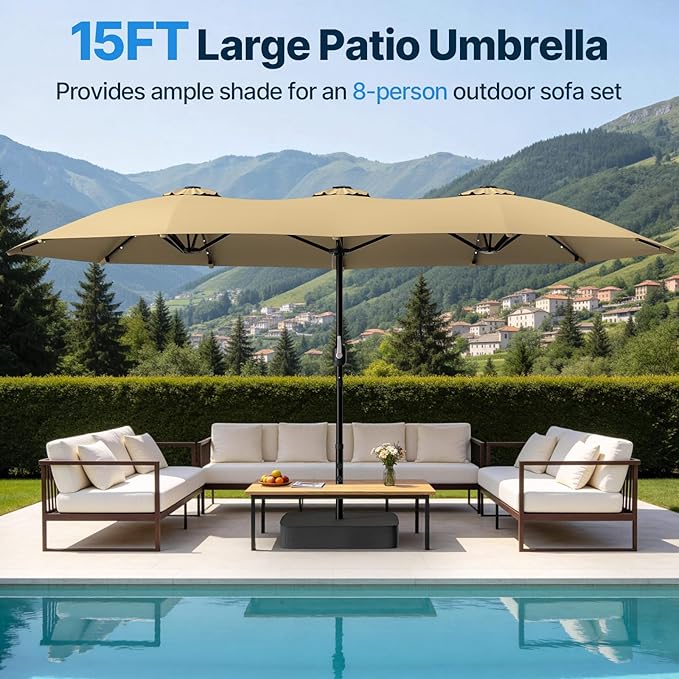 Suteck 15x9ft Patio Umbrella with Base & Solar Lights Included - Double-Sided Outdoor Large Umbrella with & Crank Handle, UV & Fade Resistant Canopy for Poolside, Backyard, Beige