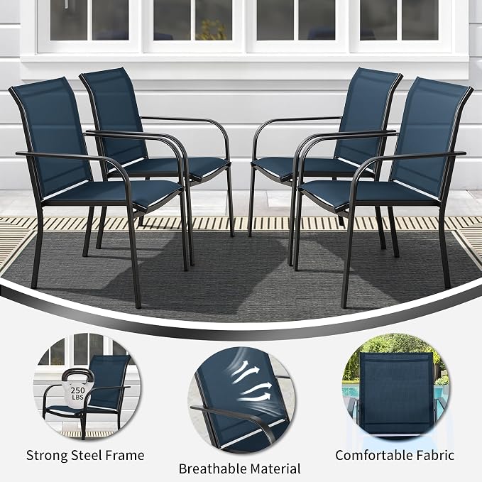 SUNCROWN 8 - Piece Outdoor Dining Set, Patio Furniture Set with 6 Textilene Dinning Chairs, 1 Rectangle Metal Table and 1 Sky Blue 9Ft Patio Umbrella for Lawn Garden Backyard Deck, Blue