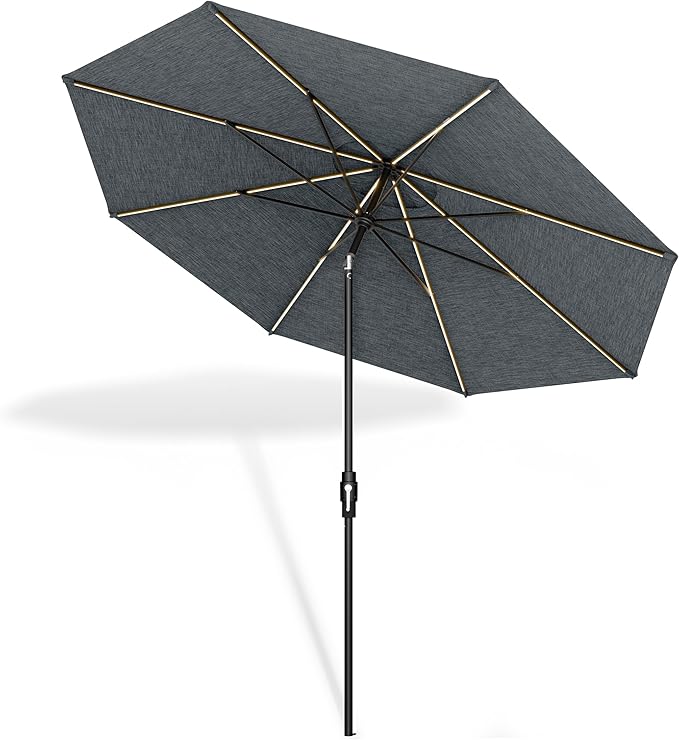 Midtown Umbrellas Led Swilt Sunbrella Umbrella, 8 Foot Patio Umbrella In Sunbrella Cast Slate Acrylic Fabric - Deck Patio Umbrella, Backyard Umbrella, Garden Umbrella & Pool Umbrella - Black Pole