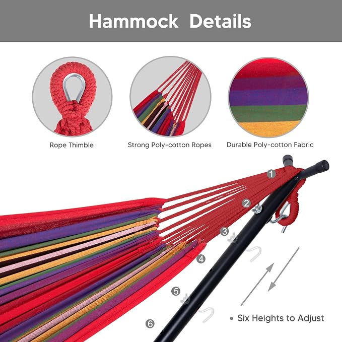 SUNCREAT 2-in-1 Convertible Backyard Fabric Hammock with Stand, Large Hammocks for Outside, Red Stripes