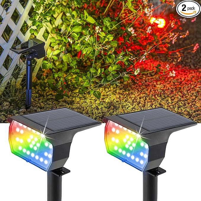 Solar Spot Lights Outdoor 2 Pack, RGB Color Changing & Warm White, 2-in-1 Stake & Strap Mounted Solar Lights, IP65 Waterproof, Auto On/Off Landscape Lighting for Garden, Yard, Tree, Wall