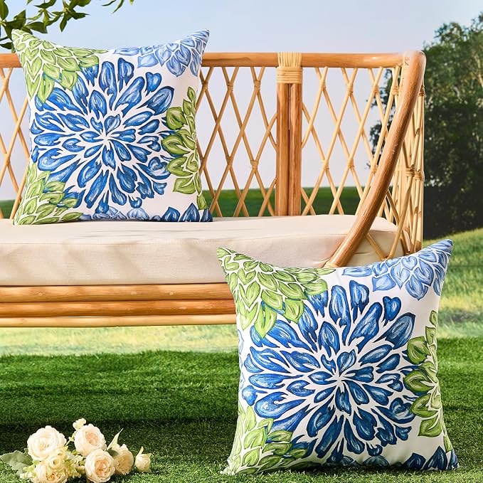 Allorry Outdoor Pillow Covers 16x16 Set of 2 Vintage Blue Green Flower Pattern Decoration Throw Pillow Covers for Spring Summer Outdoor Waterproof Garden Patio Sofa Bedroom Home Decor JB012-C16