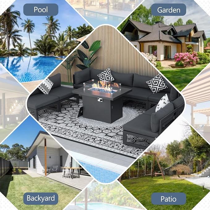 RADIATA 9 Piece Modern Aluminum Patio Furniture Set with Fire Pit Table, 500 lbs Heavy Duty Outdoor Sectional Sofa, 29" Deep Wide Oversize Seating Conversation Couch for Garden Exterior, Dark Gray