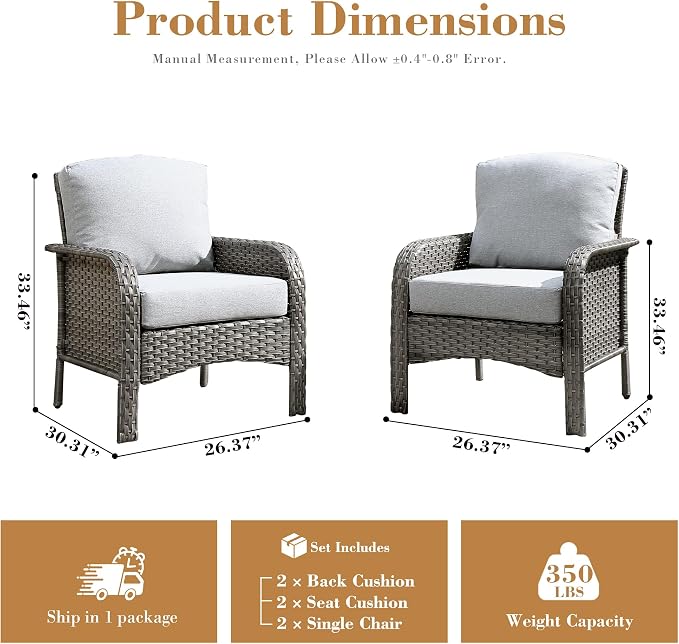 2 Pieces Patio Furniture Set, Two Single Chair Outdoor Furniture, All-Weather Rattan Wicker High Back Conversation Set of 2 for Small Space Porch, Backyard, Balcony, Grey