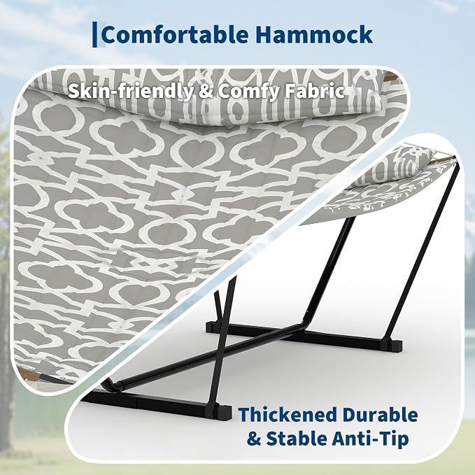 2 Person Outdoor Hammock with Stand, 450 LBS Heavy Duty Anti-Tipping Frame with Balance Rope, Rainproof & Quick Dry for Patio, Backyard, Balcony & Outdoor Garden Use, Light Gray Texture