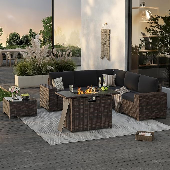 Soohow 7-Piece Patio Furniture Set with 44" Fire Pit Table, Outdoor Sectional Wicker Rattan Conversation Set for Garden, Porch, Backyard - Black Cushions