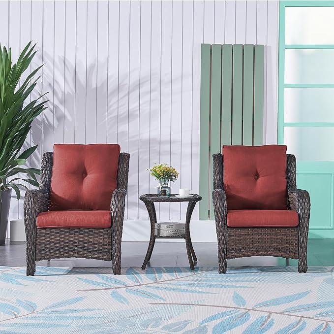 Rilyson Patio Bistro Set Outdoor Chairs - 3 Piece Wicker Rattan Patio Furniture Set with 2 Armrest Chair and 1 Side Table for Proch Deck Garden Backyard Balcony(Brown/Red)