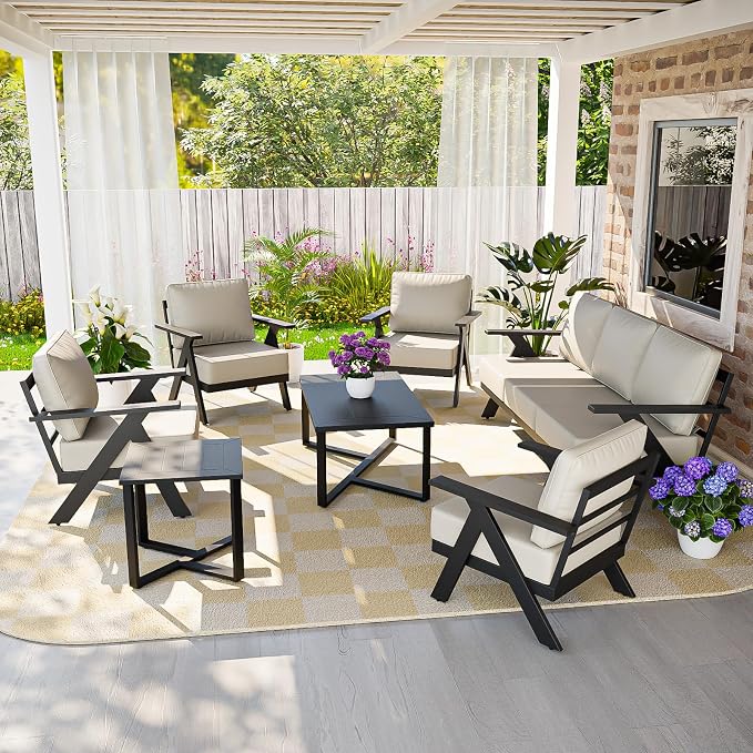 COOS BAY Iron Luxe 7 Piece Outdoor Patio Furniture Set, Modern Patio Conversation Set with 4 Patio Chairs, a 3 Seat Couch, Coffee Table & Side Table for Deck, Garden, Porch, Black/Beige