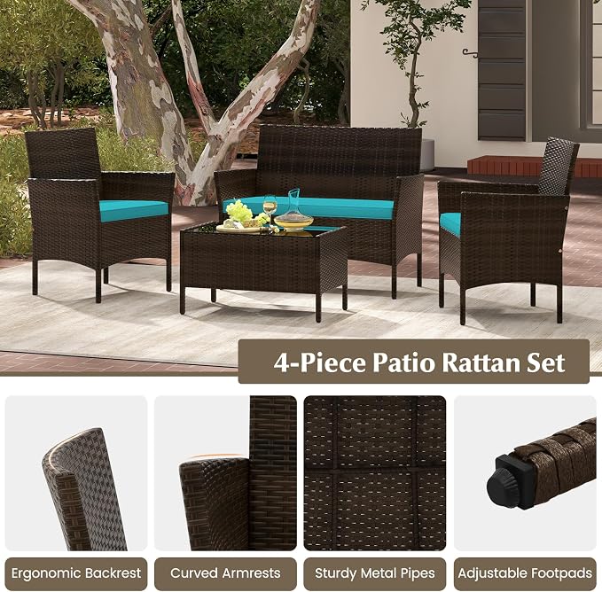 Tangkula 8 Piece Patio Rattan Conversation Set, Outdoor Wicker Furniture Set with Chair, Loveseat & Tempered Glass Table, Cozy Seat Cushions, Outside Sectional Sofa Set for Backyard (2,Turquoise)