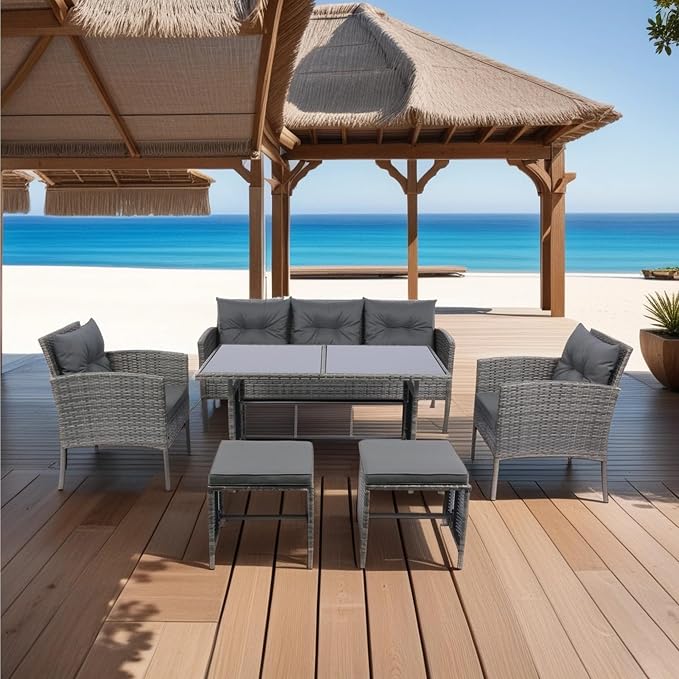LUMISOL 6 Piece Outdoor Patio Dining Set with Cushion,Patio Furniture Sets,All Weather Sectional Conversation Set,Space Saving Patio Set for Backyard,Beach,Garden