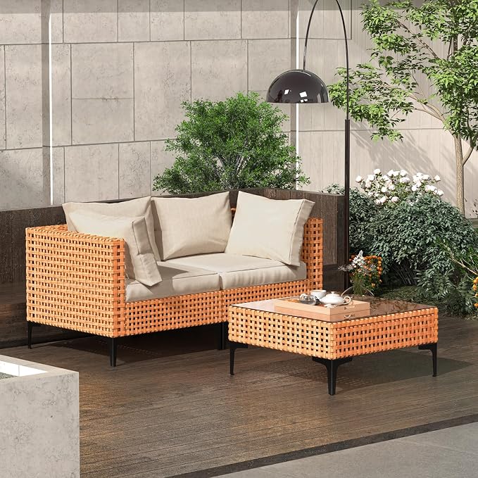 3 Piece Outdoor Patio Furniture Set Modular Outdoor Furniture Set Wicker Outdoor Sectional Sofa with Cushions and Tea Table Patio Set for Balcony Porch Deck Yard (Salmon&Orange Wicker, Sand Cushion)