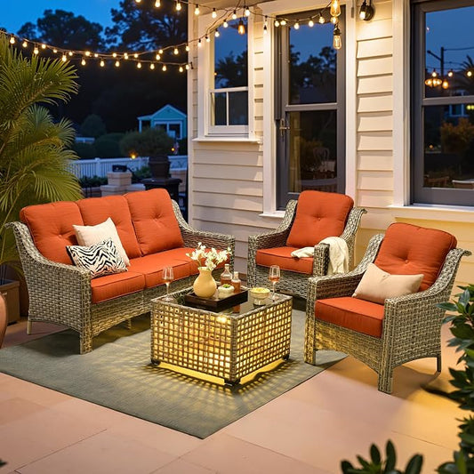 ovios 4 Piece Outdoor Patio Furniture with 3 Seat Sofa,Rattan Wicker Coversation Set with High Back,Sectional Single Sofa with Ottoman for Outside Porch Balcony Backyard Pool, Orange