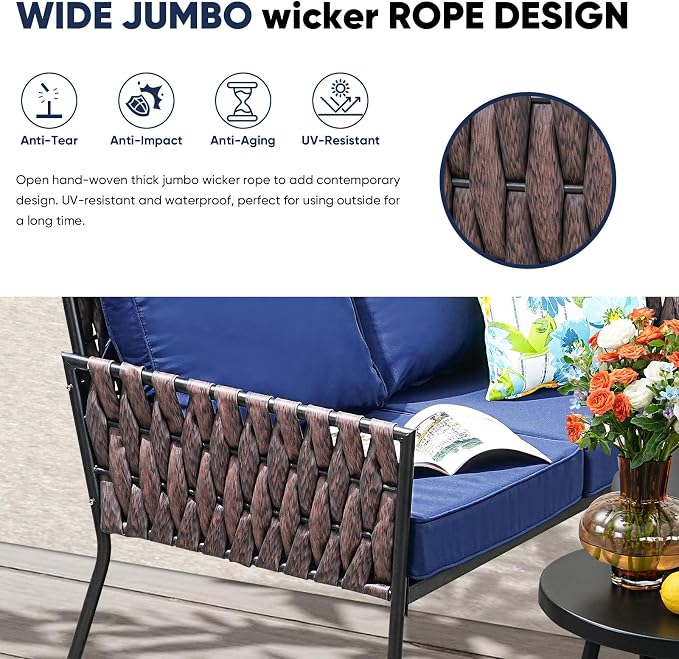 JOYURE 5 Pieces Patio Furniture Set,Outdoor Conversation Set with 2 Round Side Tables,Modern Metal Outdoor Couch with Waterproof Cushions for Backyard,Porch,Navy