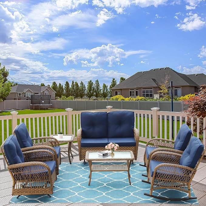 7-Piece Wicker Patio Furniture Sets Outdoor All-Weather Rattan Conversation Set Includes Glider Loveseat, 2 Glass-Top Coffee Tables, 2 Glider-Rocker Chairs for Porch Backyard, Navy Blue