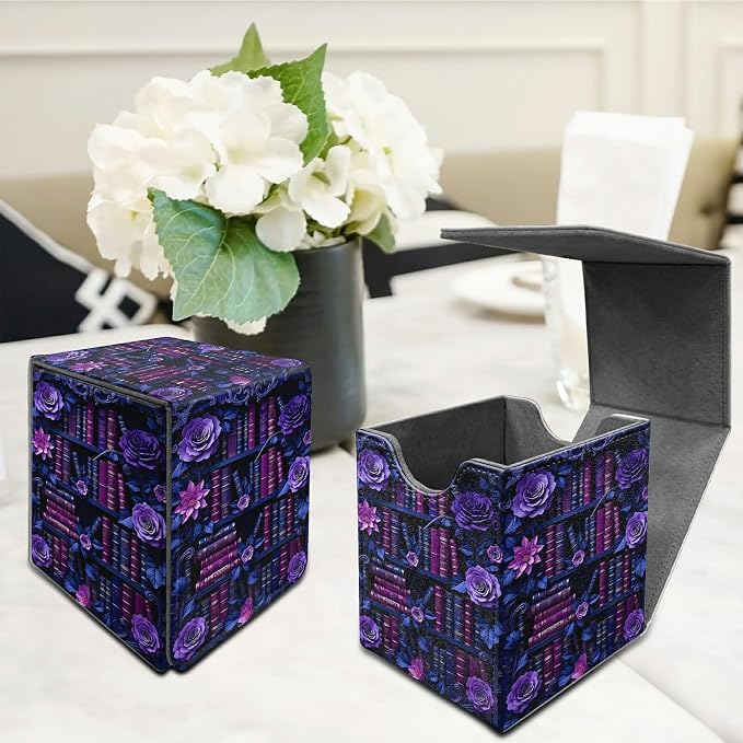 Purple Flower Books Card Deck Box for MTG, Personalized Card Storage Case Fits 120+ Sleeved Cards, Premium Leather TCG Box with Strong Magnetic Closure for Magic, CCG, PTCG, Baseball Cards