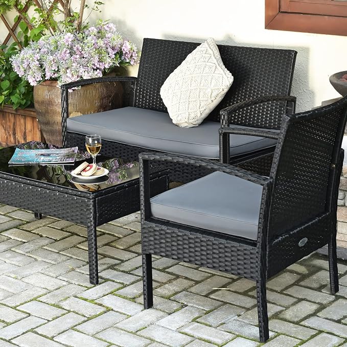 Outdoor Conversation Set 8 Pieces Patio Furniture, Wicker Patio Chair Sofa Set with Water-Resistant Gray Cushion & Tempered Glass Table for Backyard, Balcony, Porch(Black)