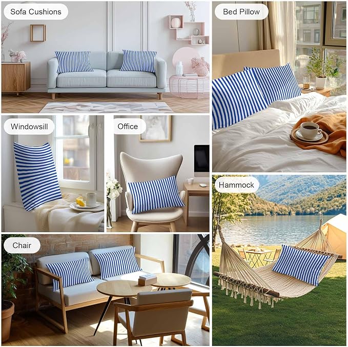 Lumbar Pillow Covers 20x12 Inch Set of 2, Navy Blue Stripe Waterproof Outdoor Cushion Covers, Modern White Vertical Striped Geometric Decorative Pillowcases for Couch, Sofa, Bed, Garden, Patio