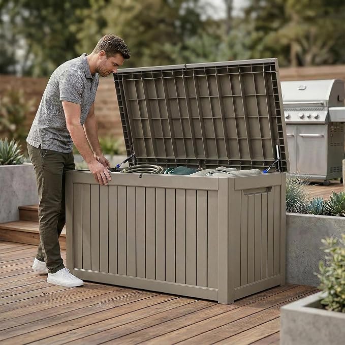 Vixzen 280 Gallon Outdoor Storage Box Waterproof, Large Lockable Resin Deck Box with lid for Patio Furniture Cushions, Weatherproof Storage Boxes for Garden Tools & Pool Accessories(Grey, 280 Gallon)