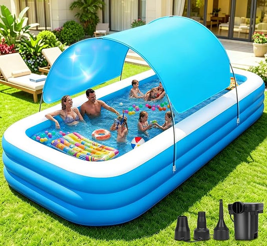 Extra Large Inflatable Pool with Canopy Pump, 145" x 74" x 22" Large Blow Up Pool for Adults Family, Full Size Inflatable Swimming Pool with Big Shade for Backyard Outdoor