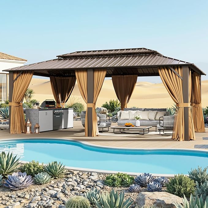 12x20FT Hardtop Gazebo, Metal Frame with Double Galvanized Steel Roof, Permanent Outdoor Pergola with Curtains and Netting Included for Backyard, Patio, Lawn and Garden, Brown