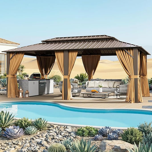 12x20FT Hardtop Gazebo, Metal Frame with Double Galvanized Steel Roof, Permanent Outdoor Pergola with Curtains and Netting Included for Backyard, Patio, Lawn and Garden, Brown