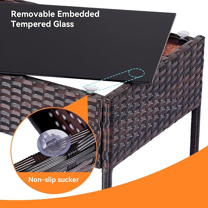 Patio Furniture Set, Outdoor Furniture Set 4 Pieces Patio Conversation Set PE Rattan Chair with Cushion Tempered Glass Table Garden Balcony Sets for Yard Pool Backyard Brown/Grey