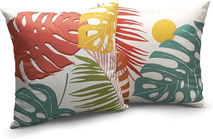 Abstract Sun and Monstera Leaf Throw Pillow Covers Palm Leaf Pillow Covers 22x22 Set of 2 Summer Tropical Leaves Cushion Case for Sofa Patio Indoor Outdoor Decor