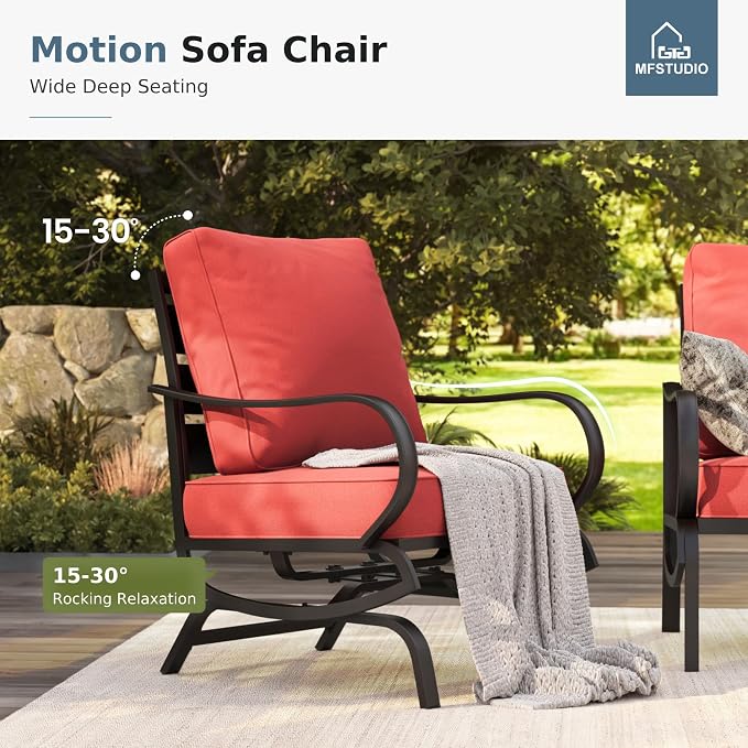 MFSTUDIO 5 Pieces Patio Conversation Sets, Metal Outdoor Furniture Sofas with 1 x 3-Seat Sofa, 2 x Rocking Chairs, 2 x Ottomans, Steel Frame with Burgundy Red Cushion for Patio Garden