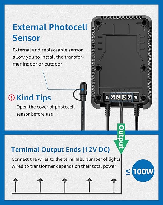 SUNVIE 100W Low Voltage Transformer Outdoor, 120V to 12V DC Weatherproof | Timer & Photocell Sensor, Low Voltage Landscape Transformer Landscape Lighting Transformer for Outdoor Spotlights Path Lights