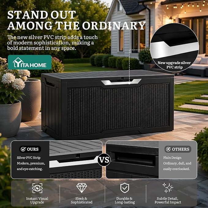 YITAHOME 80 Gallon Outdoor Storage Box, Large Water Resistant Resin Deck Box w/Silver Decorative PVC Trim Panel, Lockable Rattan Storage Container for Patio, Garden, Cushions, Tools (Black & Silver)