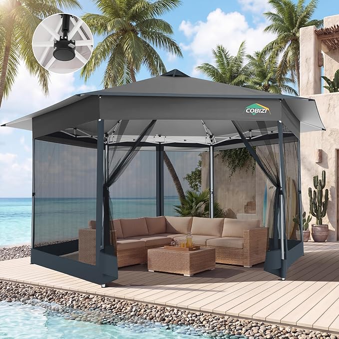 COBIZI 16x16 Pop Up Gazebo Tent with Mosquito Netting, Gazebos on Clearance, Hexagonal Outdoor Canopy Shelter, Patented Center Lock 6-Sided Portable Gazebos, Pop Up Canopy Tent for Backyard, Gray