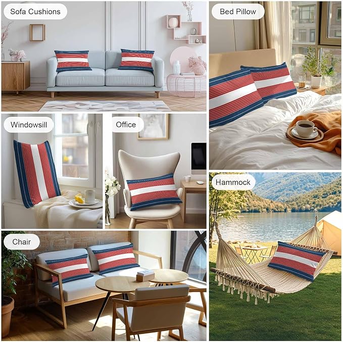 Navy Blue Red Stripe Outdoor Pillow Covers Waterproof, All Weather Cushion Case Set of 2, Modern Art Horizontal Striped Lumbar Pillowcase for Sofa Couch Bed Decor Patio Furniture 20"x12"