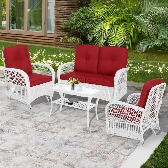 MEETWARM 4 Pieces Outdoor Wicker Patio Conversation Sets with Glider Loveseat, 2 Chairs with Coffee Table Wicker Rocking Glider Set, Patio Conversation Set with Thickened Cushions, White/Red
