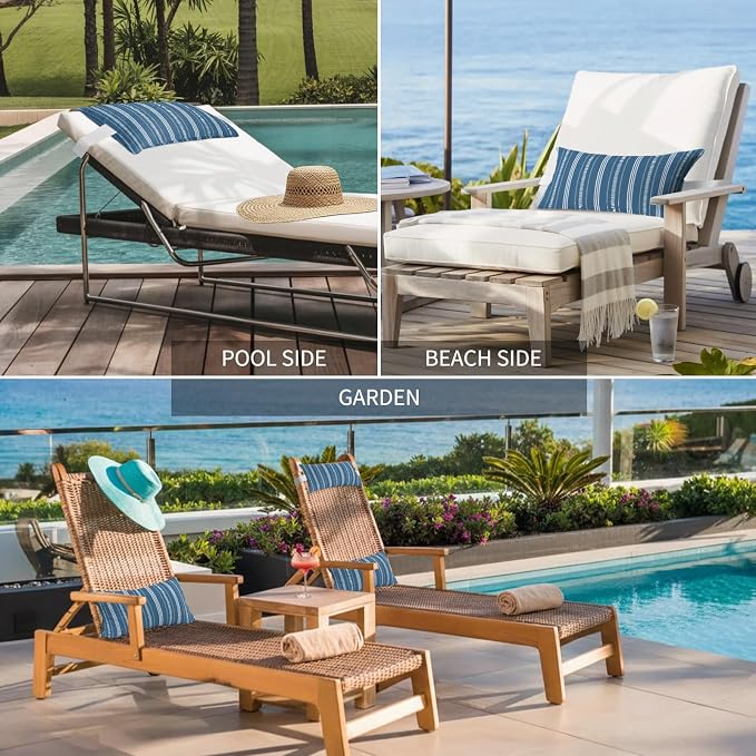 Outdoor Lumbar Pillows 11x16 Set of 2, Boho Sea Blue Waterproof Throw Pillow Covers with Insert, Minimalist Farmhouse Striped Decorative Pillowcase Cushion for Couch Sofa Bed