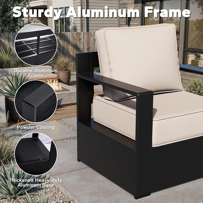 Outdoor Aluminum Furniture Set, 3-Piece Patio Conversation Set, 2 Chairs and 1 Sofa, All-Weather Metal Frame, 6" Thick Removable Cushions, Deep Setting for Garden, Poolside and Porch